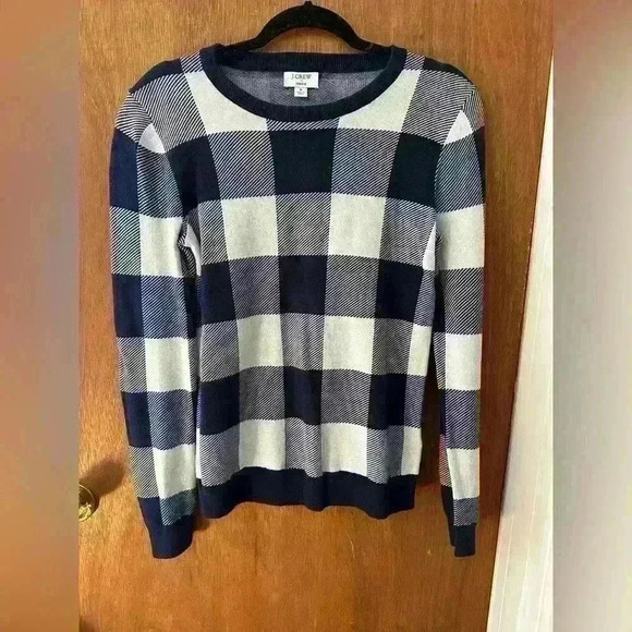 J. Crew Factory Women’s Blue White Small Teddie Check Jacquard Pullover Sweater - Picture 3 of 4